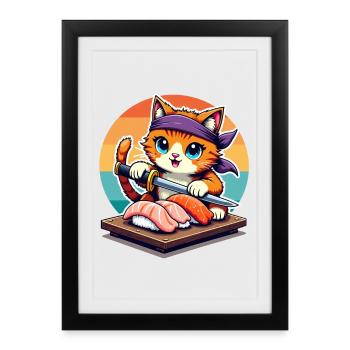 Sushi Master Cat avec Sunset tenant un couteau Katana - Affiche encadrée (27 × 37 cm) - noir - Devant