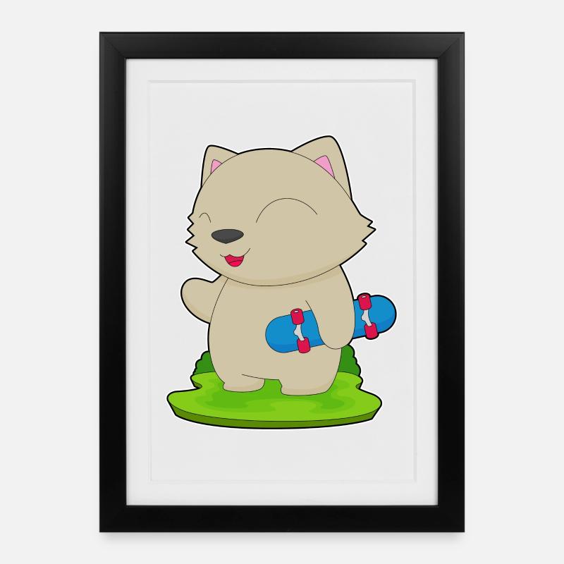 Katze Skater Skateboard - Gerahmtes Poster (27 × 37 cm) - Schwarz