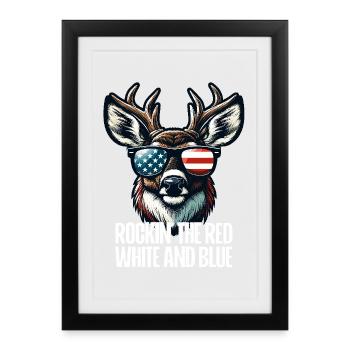 4 juillet cerf tenue patriotique drapeau des États-Unis - Affiche encadrée (27 × 37 cm) - noir - Devant