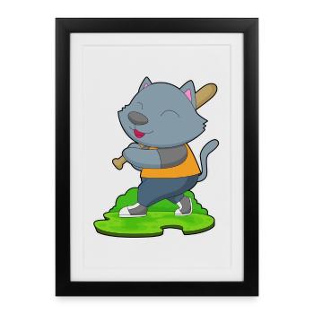 Cat Baseball Batte de baseball - Affiche encadrée (27 × 37 cm) - noir - Devant