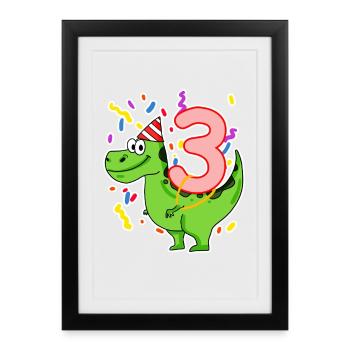 Three 3 - Number 3 - Number 3 Birthday Dino - Framed poster (27 × 37 cm) - black - Front