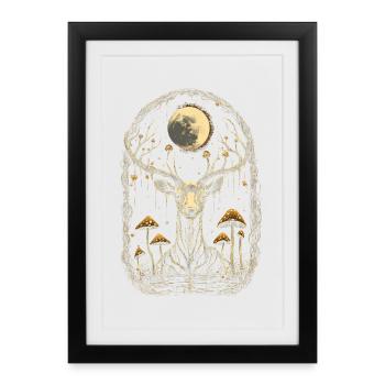 Cerfs au clair de lune dans un bosquet fongique - Affiche encadrée (27 × 37 cm) - noir - Devant