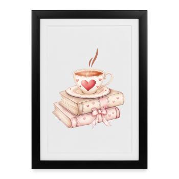 Liebe schlürfen: Kaffee und Bücher - Gerahmtes Poster (27 × 37 cm) - Schwarz - Vorne