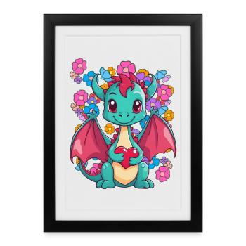 Dragon Printemps Coeur Dragon Nature Enfant Bébé Enfants - Affiche encadrée (27 × 37 cm) - noir - Devant