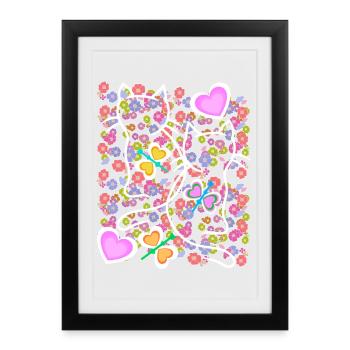 Été Floral Coeur Rétro Chats Chat Enfants des années 80 - Affiche encadrée (27 × 37 cm) - noir - Devant