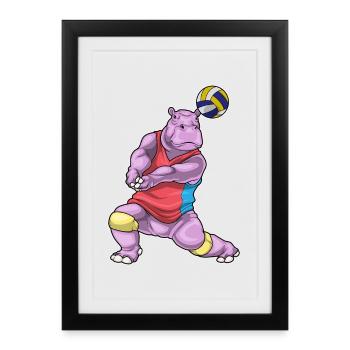 hippopotame joueur de volley-ball volley-ball - Affiche encadrée (27 × 37 cm) - noir - Devant