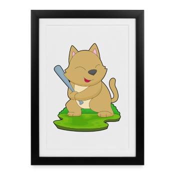Cat Baseball Batte de baseball - Affiche encadrée (27 × 37 cm) - noir - Devant