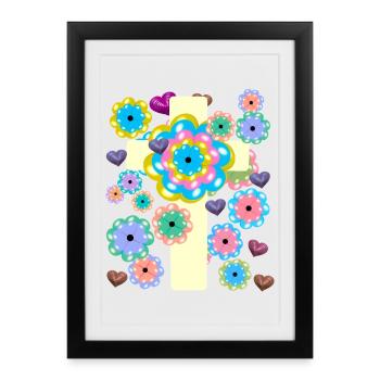 Croix Jésus Croix Fleurs Coeur Coeurs Croix - Affiche encadrée (27 × 37 cm) - noir - Devant