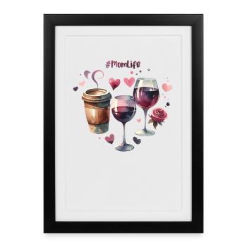 MomLife Café Vin Coeur Aquarelle Fête des Mères - Affiche encadrée (27 × 37 cm) - noir - Devant