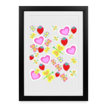 Retro Summer 80s 90s Hearts Strawberries Insects - Framed poster (27 × 37 cm) - black - Front
