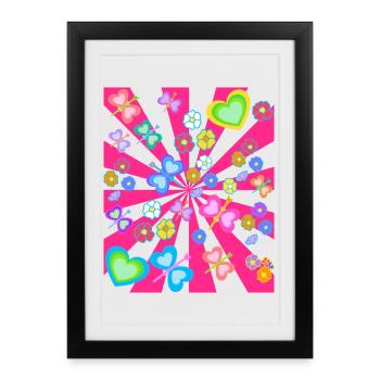 Fleur Florale Coeur Coeurs Papillons Rétro Années 80 - Affiche encadrée (27 × 37 cm) - noir - Devant