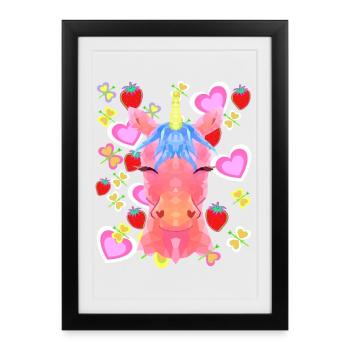 Einhorn Retro Einhörner Kinder Kind Baby Herzen - Gerahmtes Poster (27 × 37 cm) - Schwarz - Vorne