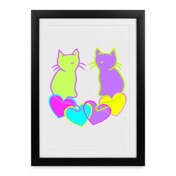 Chats Rétro Chat Saint-Valentin Coeur Coeurs Vintage - Affiche encadrée (27 × 37 cm) - noir - Devant