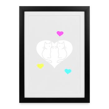 Chats Rétro Chat Saint-Valentin Coeur Coeurs Vintage - Affiche encadrée (27 × 37 cm) - noir - Devant