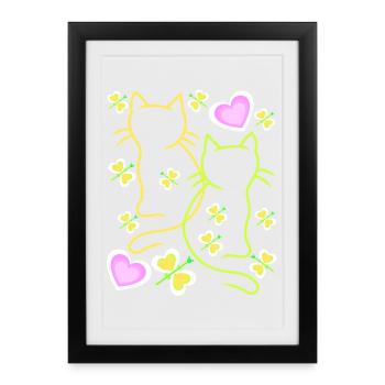 Chats Rétro Chat Chaton Vintage Coeurs Enfant - Affiche encadrée (27 × 37 cm) - noir - Devant