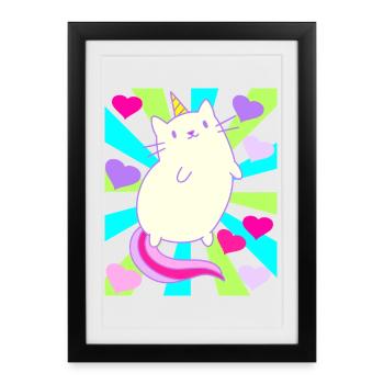 Licorne Licornes Chat Chat Rétro Enfants - Affiche encadrée (27 × 37 cm) - noir - Devant