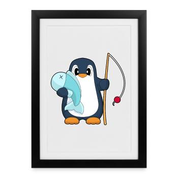 Pingouin Pêcheur Poisson Pêche - Affiche encadrée (27 × 37 cm) - noir - Devant