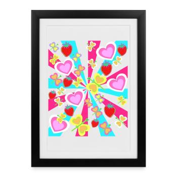 Enfants Été Rétro Papillons Coeurs De Fruits - Affiche encadrée (27 × 37 cm) - noir - Devant