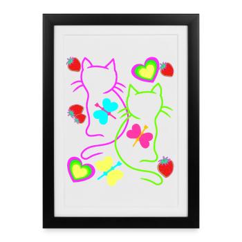 Chats rétro fraise été des années 80 chat vintage - Affiche encadrée (27 × 37 cm) - noir - Devant