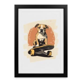 Chien bouledogue américain sur planche à roulettes - Affiche encadrée (27 × 37 cm) - noir - Devant