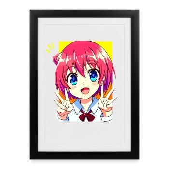 Jolie fille manga anime - Signe de paix kawaii - Affiche encadrée (27 × 37 cm) - noir - Devant