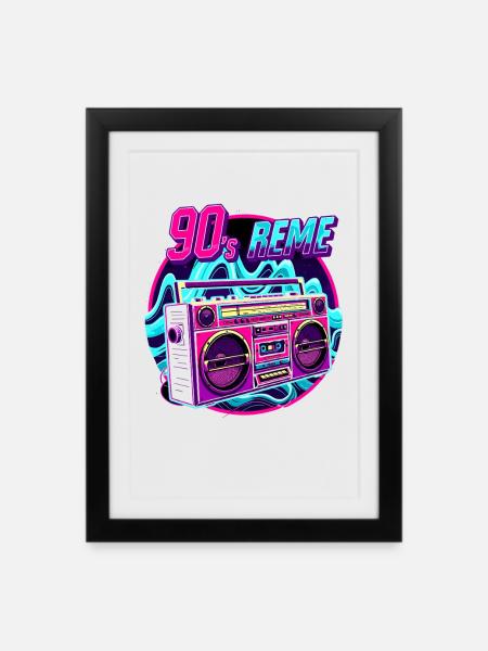 90s - Neon Boombox Retro Musik Style - Gerahmtes Poster (27 × 37 cm) - Schwarz