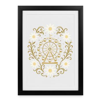 Grande roue et edelweiss - design festif nostalgique - Affiche encadrée (27 × 37 cm) - noir - Devant