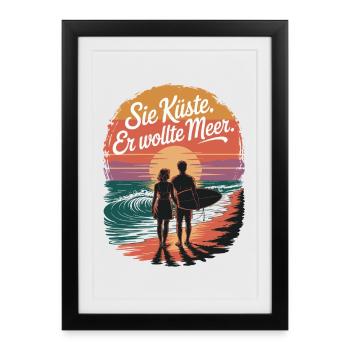 Vous côte Il voulait mer plage amour vague surfeur - Affiche encadrée (27 × 37 cm) - noir - Devant