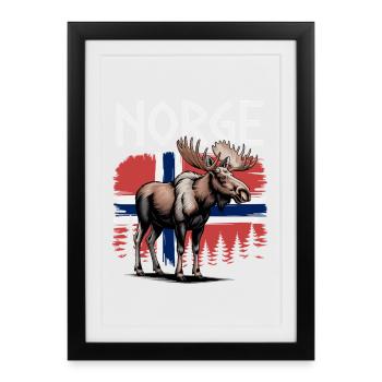 Norge Elch vor Norwegen Flagge Wald Design - Gerahmtes Poster (27 × 37 cm) - Schwarz - Vorne