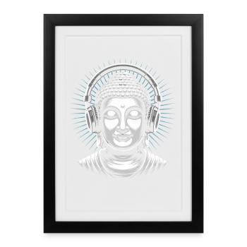 Bouddha avec casque Mindfulness Musique Boho Zen - Affiche encadrée (27 × 37 cm) - noir - Devant