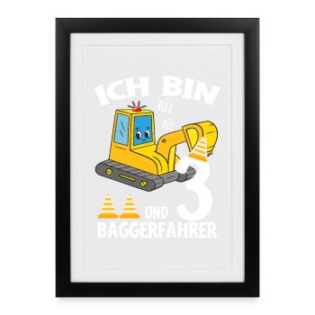 Excavatrice d’anniversaire 3 ans Excavatrice Cadeau de fête - Affiche encadrée (27 × 37 cm) - noir - Devant