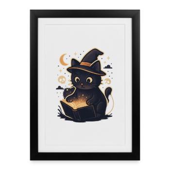 Un chat hanté lit un livre de magie - Affiche encadrée (27 × 37 cm) - noir - Devant