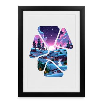 Paysage Neige Puzzle Fantaisie - Lapin blanc - Affiche encadrée (27 × 37 cm) - noir - Devant