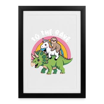 À la rave EDM Licorne Paresseux Dinosaure - Affiche encadrée (27 × 37 cm) - noir - Devant