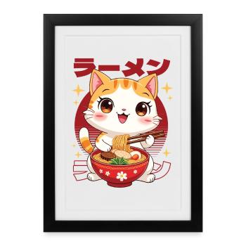 Chaton avec des ramen dans le style kawaii - Affiche encadrée (27 × 37 cm) - noir - Devant