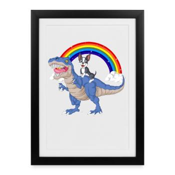 Whimsical Dino and Boston Terrier Rainbow Scene - Framed poster (27 × 37 cm) - black - Front