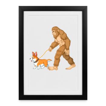 Bigfoot Walking a Corgi – Funny Cryptid Dog Design - Framed poster (27 × 37 cm) - black - Front