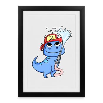 Fire Brigade Dino Motif - Framed poster (27 × 37 cm) - black - Front