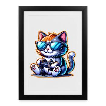 Cat Gaming Gamer - Affiche encadrée (27 × 37 cm) - noir - Devant