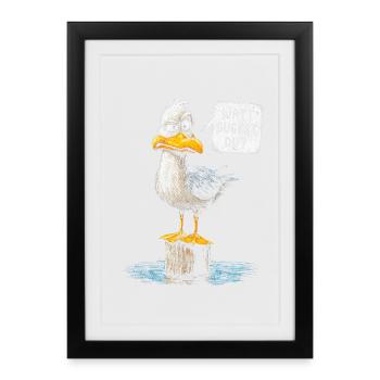 Que regardes-tu ? Drôle de mouette – humour côtier - Affiche encadrée (27 × 37 cm) - noir - Devant