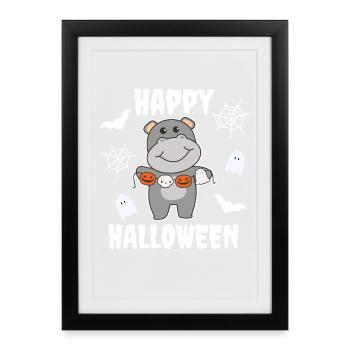 Hippopotame Joyeux Halloween Citrouille Chauve-souris Costume - Affiche encadrée (27 × 37 cm) - noir - Devant