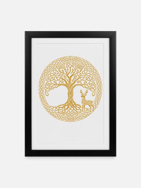 Baum Des Lebens Hirsch Symbol Achtsamkeit - Gerahmtes Poster (27 × 37 cm) - Schwarz