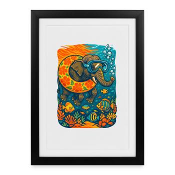 Illustration vibrante d'éléphant sous-marin - Affiche encadrée (27 × 37 cm) - noir - Devant