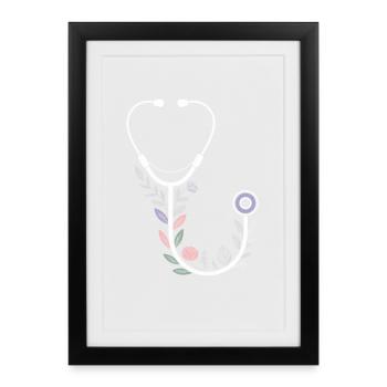 Motif floral avec stéthoscope médical - Affiche encadrée (27 × 37 cm) - noir - Devant