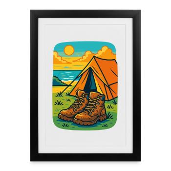 Camping Aventure Bottes Tente Plage - Affiche encadrée (27 × 37 cm) - noir - Devant