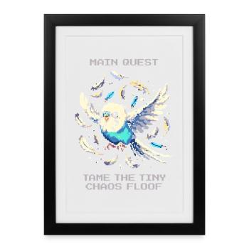 Quête principale : Apprivoiser les peluches du chaos | Perruche - Affiche encadrée (27 × 37 cm) - noir - Devant