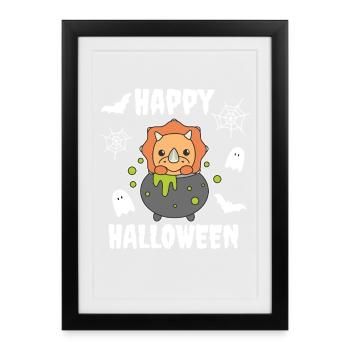 Triceratops Happy Halloween Witch's Cauldron Bat - Framed poster (27 × 37 cm) - black - Front