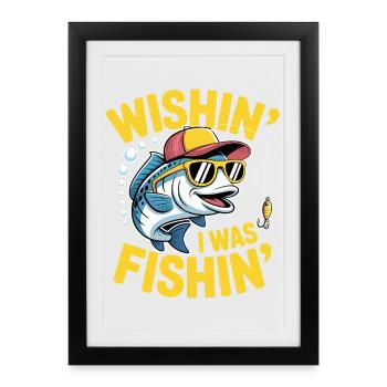 Drôle de poisson avec chapeau de pêcheur et lunettes de soleil - Affiche encadrée (27 × 37 cm) - noir - Devant