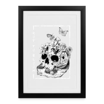 Floral Skull Tattoo Style Design, Red to Bloom - Framed poster (27 × 37 cm) - black - Front