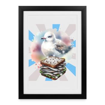 Illustration d'un sandwich au poisson et à la mouette - Affiche encadrée (27 × 37 cm) - noir - Devant